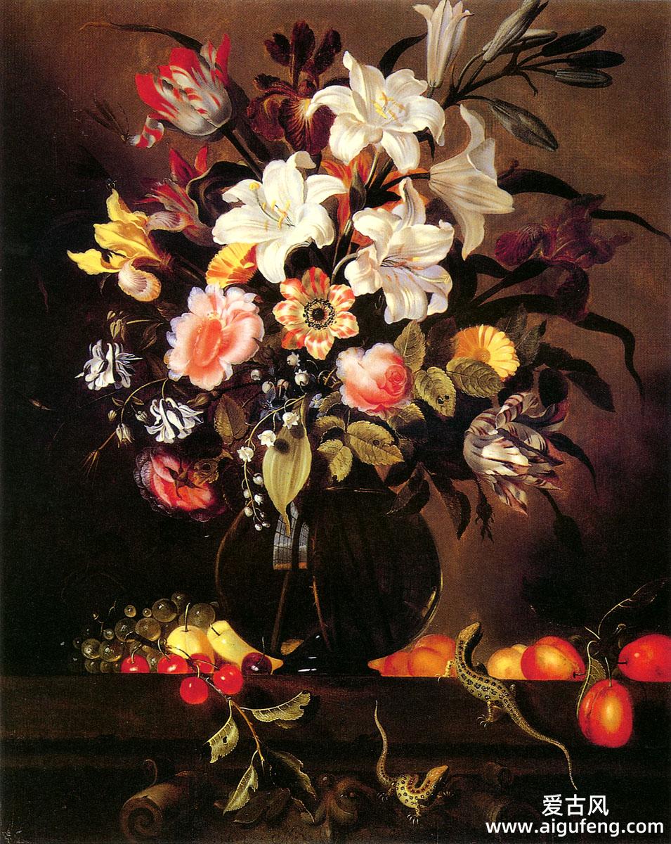 花瓶，水果和蜥蜴 • 雅各布·马雷尔